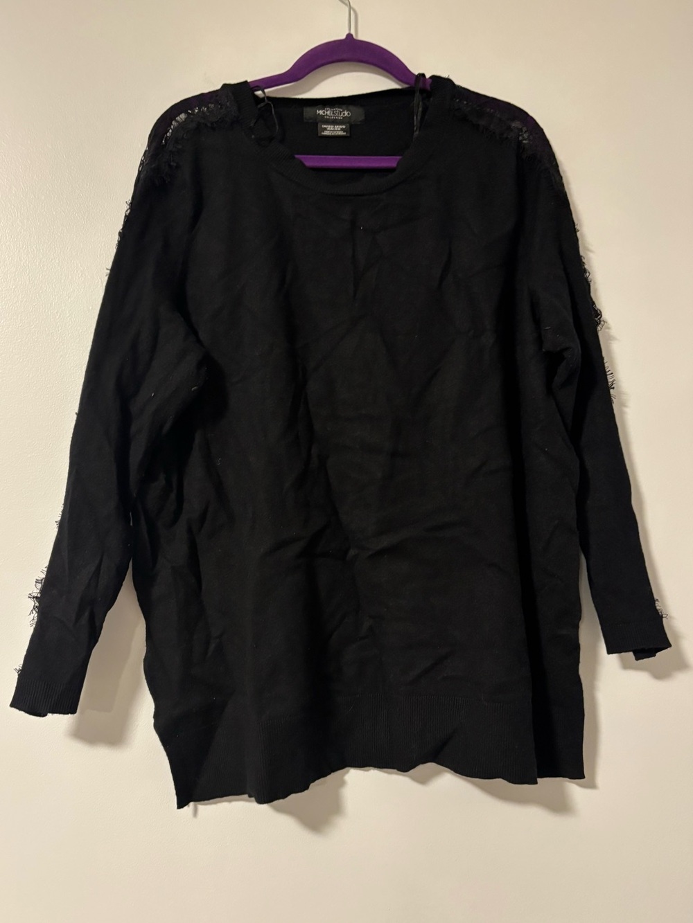 Michel Studio Black Lace Long Sleeve Ruffle Detail Crewneck Sweater Size 2X